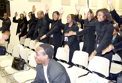 Imani Productions members from Houston, Texas clapping in unison, College Park, Maryland Black Business Seminar